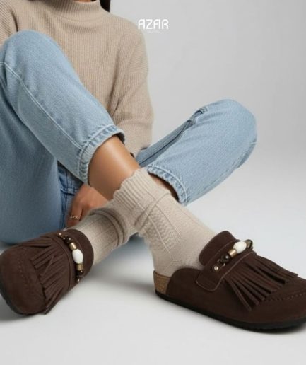 Mules en daim Marron à franges et perles AZ 520-BBL-1