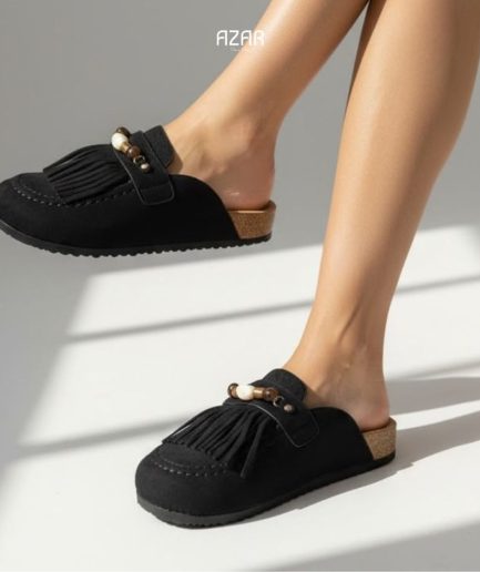 Mules en daim Noir à franges et perles AZ 520-BBL-1